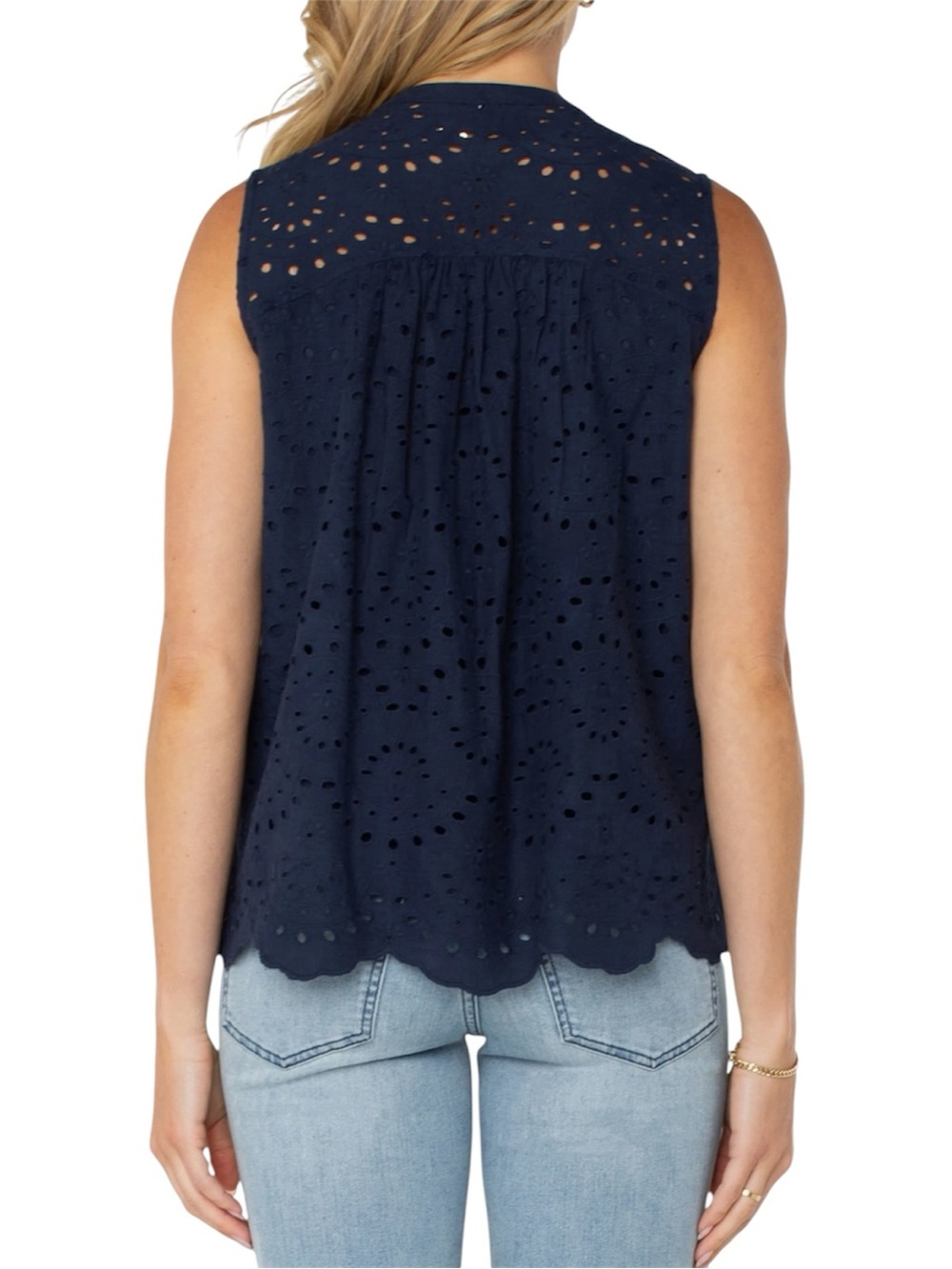 NWT Liverpool Los Angeles Sleeveless Pintuck Eyelet Top Navy Blue XL - Picture 2 of 9